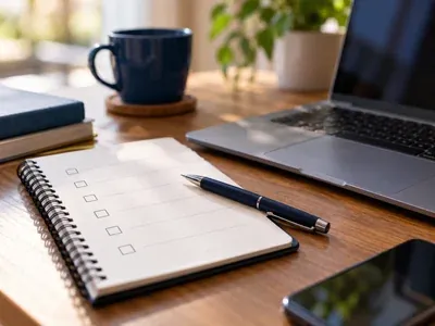 Caderno com lista de verificação, caneta e notebook sobre a mesa, para comparar administradoras de consórcio
