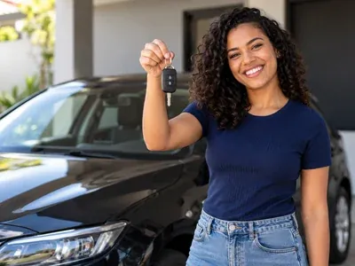 Mulher de cabelos cacheados sorrindo com a chave de um carro novo na mão, ao lado de um carro preto