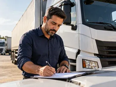 Empresário de camisa azul assinando um contrato sobre o capô de um caminhão da frota da empresa