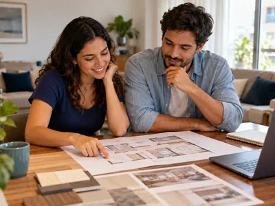 Casal sentado à mesa da sala observando plantas de apartamento, para entender como funciona o consórcio de imóvel