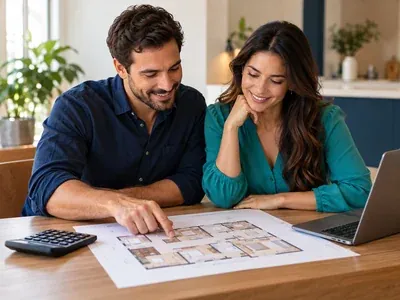 Casal sorrindo ao analisar a planta de um imóvel, com calculadora e notebook na mesa da cozinha