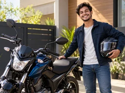 Jovem sorrindo com o capacete na mão ao lado de uma moto azul, pensando em comprar por consórcio