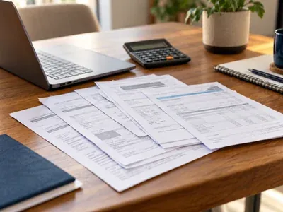 Várias notas fiscais e documentos espalhados sobre a mesa, ao lado de uma calculadora, representando serviços pagos pelo consórcio