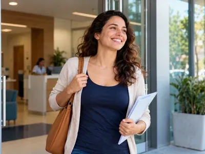 Mulher sorrindo na recepção de uma clínica, segurando documentos depois de contratar um serviço de saúde