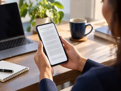 Mãos lendo um contrato no celular, com notebook e xícara ao lado, antes de contratar o consórcio