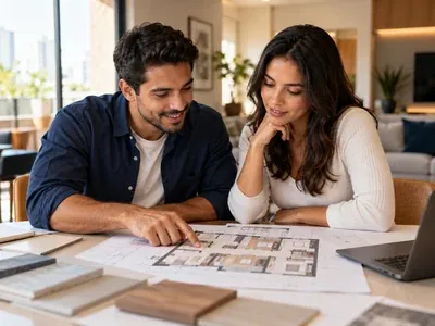 Casal analisando uma planta com amostras de acabamento sobre a mesa, para entender o consórcio de imóvel