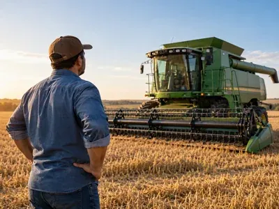 Produtor rural de costas observando uma colheitadeira verde em um campo de trigo ao pôr do sol