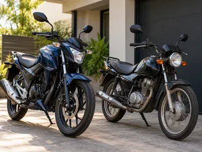 Duas motos lado a lado, uma azul com aparência de nova e outra preta já usada, em uma garagem