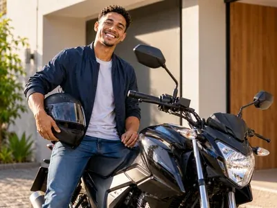 Jovem sorridente sentado em uma moto preta, segurando o capacete, na entrada de casa