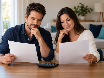 Casal no sofá comparando duas propostas impressas, com uma calculadora à frente