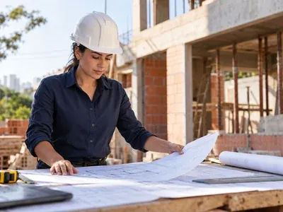 Engenheira de capacete branco conferindo plantas em uma obra, para liberar as etapas do crédito de construção