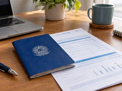 Carteira de trabalho azul e extrato do FGTS sobre uma mesa, com caneta e xícara ao lado