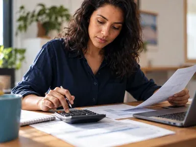 Mulher usando uma calculadora e segurando um papel enquanto simula o lance do consórcio, com notebook ao lado