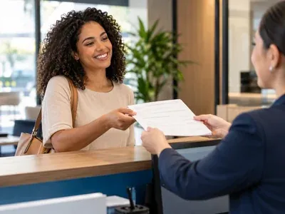 Cliente sorrindo ao receber a nota fiscal das mãos de um atendente, no balcão de um prestador de serviço