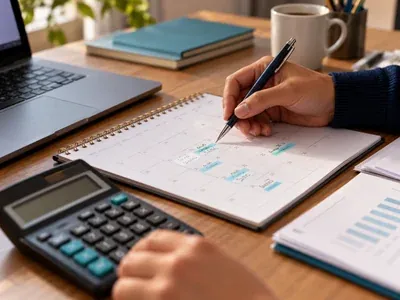 Mão anotando valores de parcelas em um caderno, com calculadora em primeiro plano, para acompanhar o reajuste do consórcio