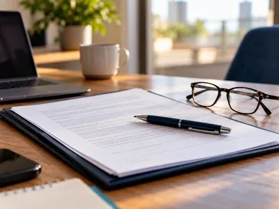 Contrato de seguro sobre uma pasta, com óculos e caneta por cima, na mesa de um escritório