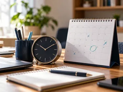 Relógio de mesa ao lado de um calendário com datas marcadas e um porta-canetas