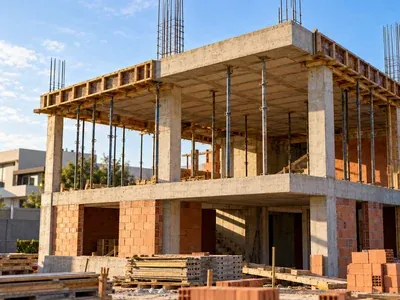 Casa em construção com estrutura de concreto e pilhas de tijolos, representando o consórcio para construção