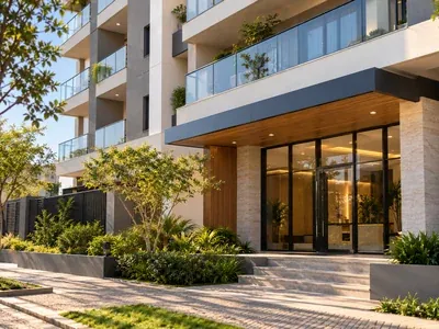 Prédio de apartamentos moderno com varandas, visto do nível da rua entre árvores