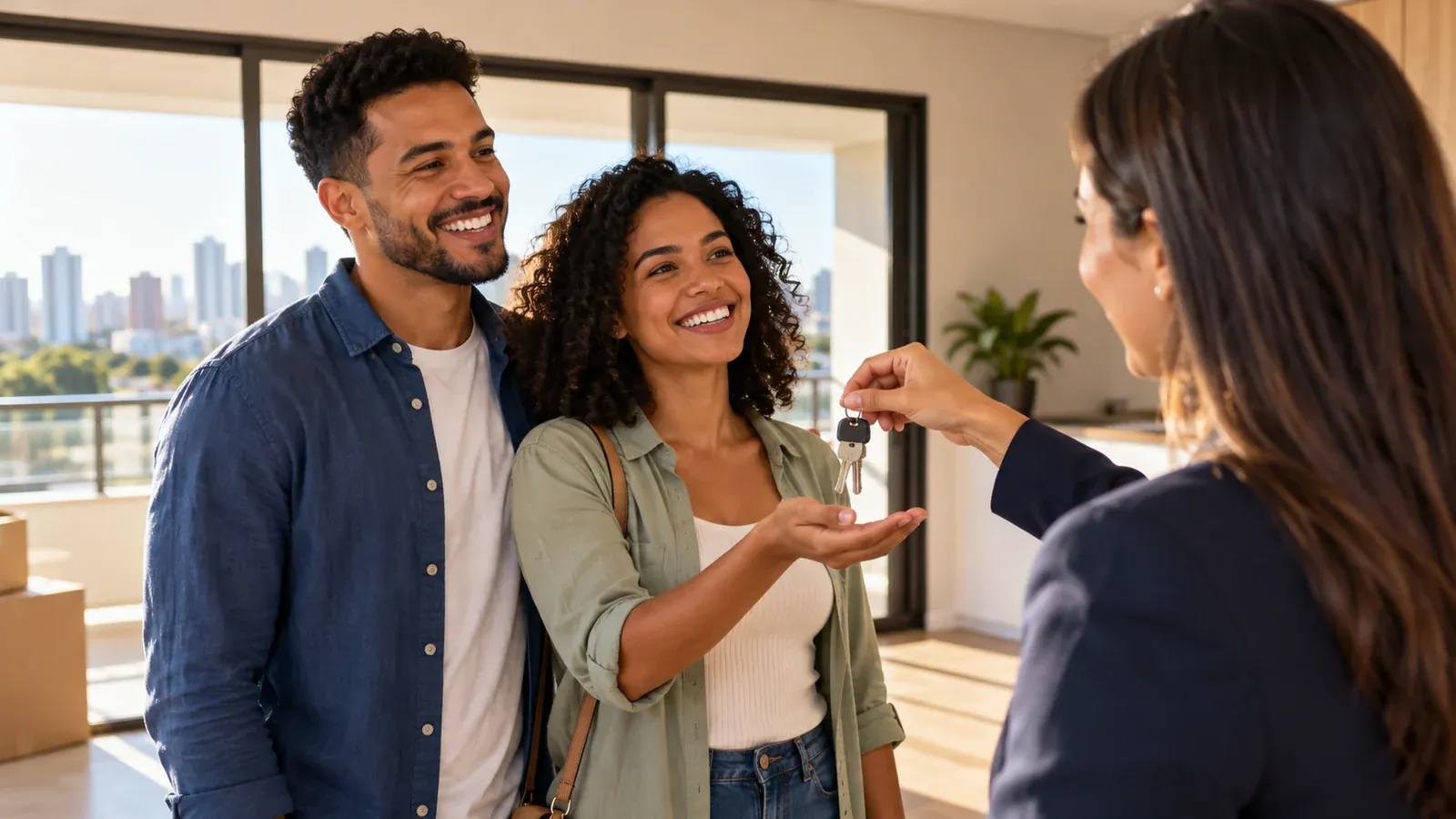 Casal sorrindo recebendo as chaves de um apartamento novo, em dia ensolarado