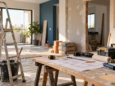 Sala de apartamento em reforma, com escada, bancada de madeira e ferramentas, representando o consórcio para reforma