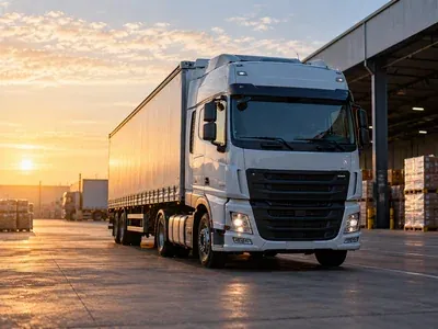 Caminhão baú branco ao amanhecer, estacionado em um pátio de carga com galpão ao fundo