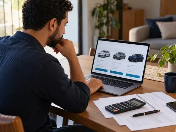Homem comparando simulações de carros no notebook, com calculadora e papéis sobre a mesa