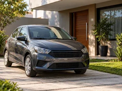 Carro popular cinza-escuro estacionado na entrada de uma casa moderna