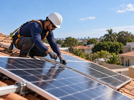 Técnico de capacete instalando painéis solares em um telhado