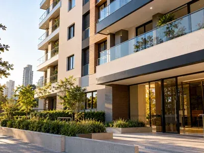 Edifício residencial moderno com varandas e vegetação, visto de baixo