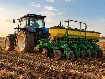 Trator azul puxando uma semeadora verde e amarela em campo aberto ao entardecer
