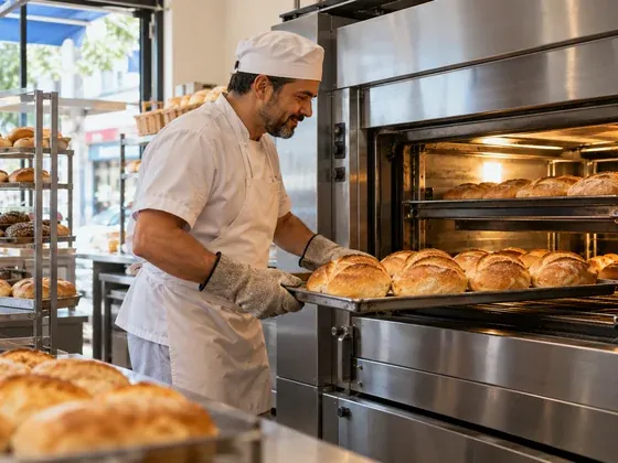 Padeiro de touca e avental retirando pães de um forno industrial