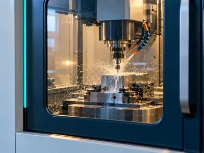 Máquina industrial de usinagem em operação, com jato de refrigeração, dentro de uma fábrica