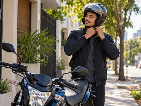 Jovem ajustando o capacete ao lado de uma moto, em uma rua arborizada