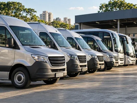 Frota de vans brancas alinhadas em um pátio de empresa de transporte