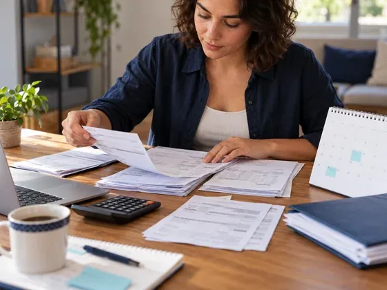 Mulher organizando notas fiscais e documentos ao lado de um calendário de mesa
