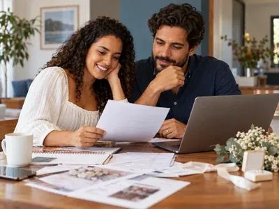Casal sorrindo ao revisar orçamentos de casamento, com papéis, flores e notebook na mesa
