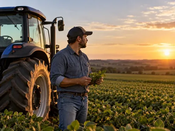 Produtor rural ao lado de um trator, observando a plantação no fim da tarde