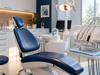 Cadeira de dentista azul e bancada de instrumentos em um consultório com janela para a cidade