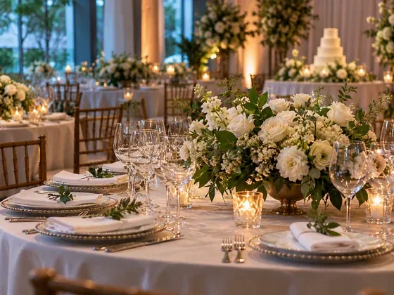 Salão de casamento com mesas postas, flores brancas e bolo ao fundo