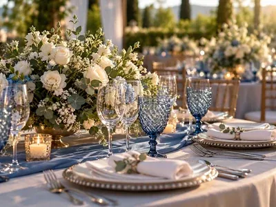 Mesa de casamento com arranjo de flores brancas, taças de cristal e velas