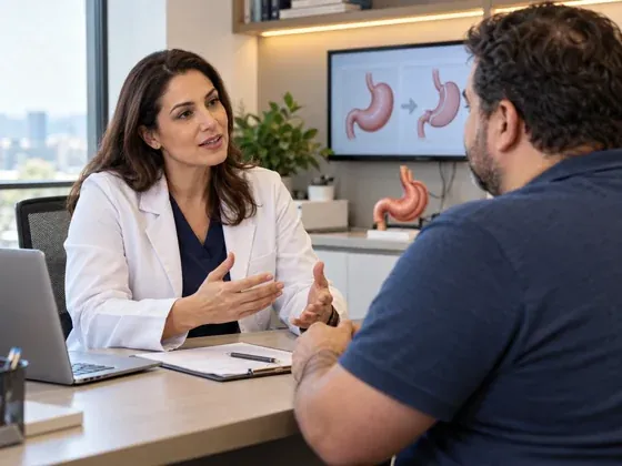 Médica de jaleco explicando a um paciente, com imagens do estômago em um monitor ao fundo