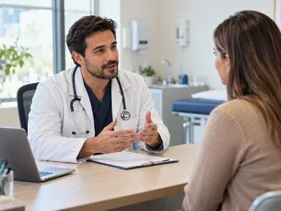 Médico de jaleco conversando com uma paciente em consultório sobre o plano de tratamento