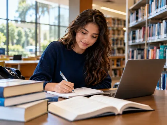 Estudante de cabelo cacheado escrevendo em um caderno, com livros e notebook, em uma biblioteca