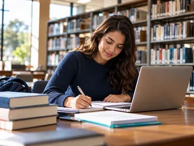 Jovem estudante anotando em um caderno, com pilha de livros e notebook, em biblioteca universitária