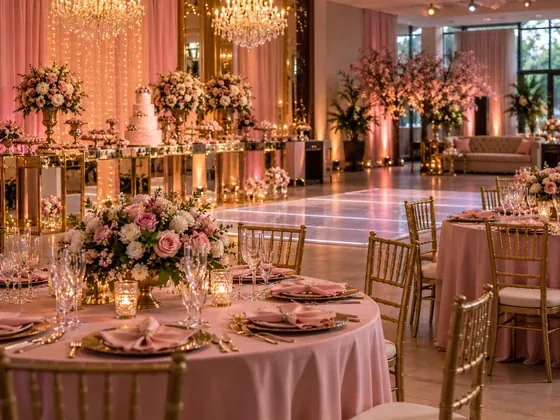 Salão decorado em tons de rosa e dourado, com mesas postas e lustres, para uma festa de 15 anos