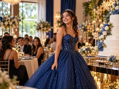 Debutante de vestido azul brilhante sorrindo em um salão de festa, com convidados ao fundo