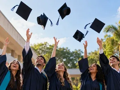 Capelos de formatura jogados para o alto por um grupo de formandos sorridentes