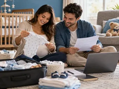 Casal sorridente dobrando roupinhas de bebê ao lado de uma mala e de um notebook