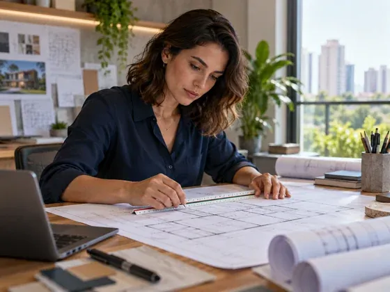 Arquiteta analisando uma planta baixa, com rolos de projeto ao lado, em um escritório